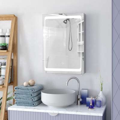 Illuminated LED Bathroom Mirror Cabinet Stainless Steel Wall Storage Cabinet Single Door with 2 Shelves